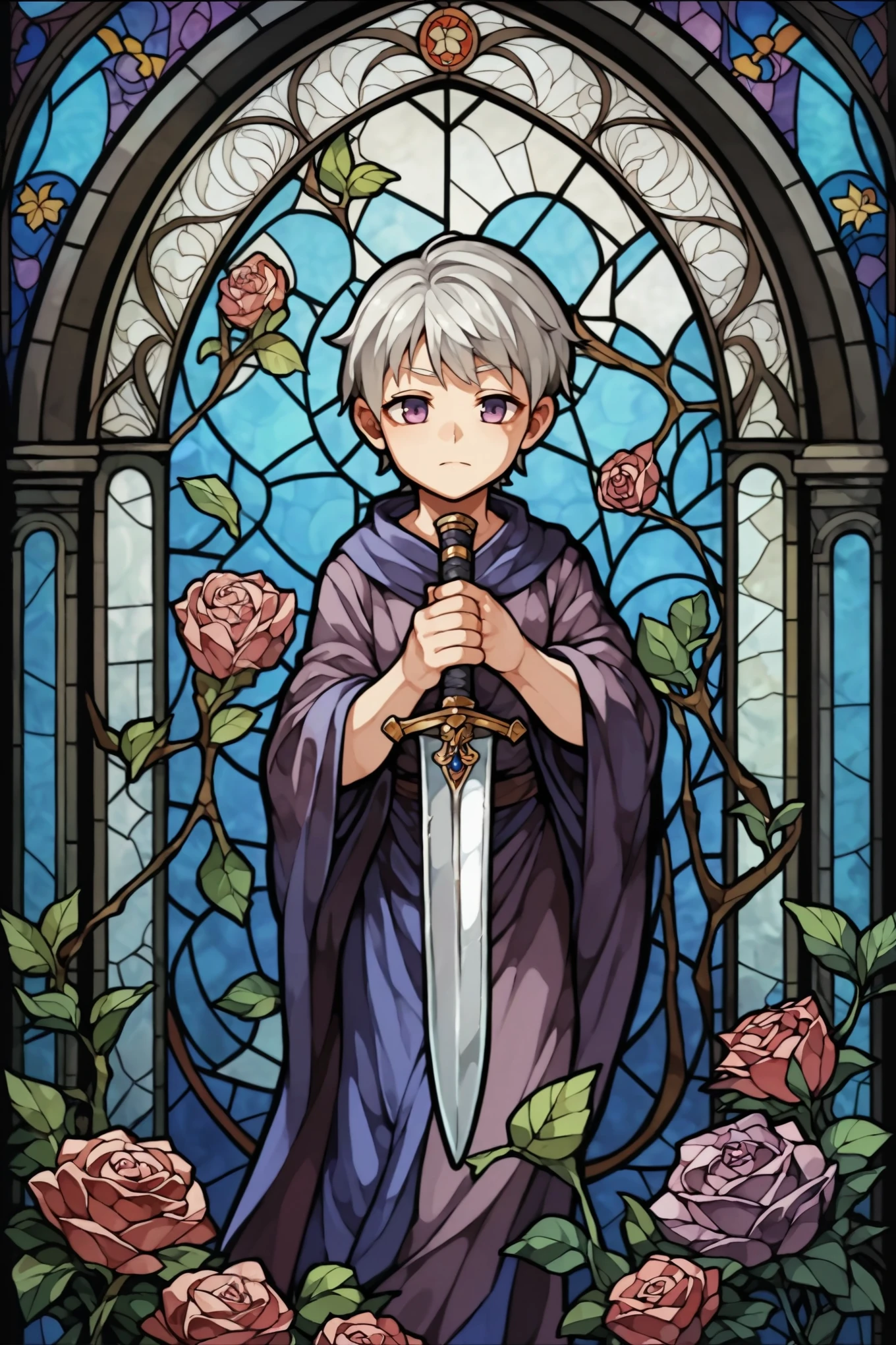score_9, score_8_up, score_7_up, score_6_up, (score_anime),(Woman's face),(girl),((little girl stained glass)),Purple eyes, worldло серые волосы, holding a dagger in his hands,(glass),(world),(((stained glass technique)))