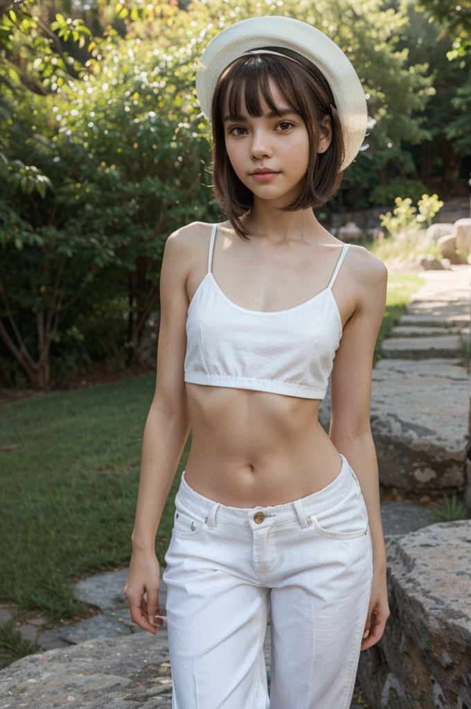 A cute girl, perfect face, beautifull girl,14 years oldy body, slim body, white skin, masterpiece, textured skin, super detail, high details, high quality, 8k, nice pose, standing on a rock, dark shadow, less light, nature light, side lighting to face, dress, wearing a white hat, cute lips, small and cutest lips, at night, wearing a white shoes, bangs hair style, open top, pants, wearing a ears rings, little smlie, day time.