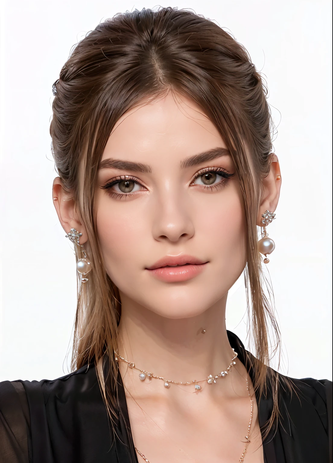Woman with a necklace and earrings around her neck, pose de perfil glamouroso, inspirado em Emma Andijewska, pele brilhante, jewelry pearls, modelo de rosto perfeito, elegant glamor pose, !cabelo penteado, rosto realmente detalhado, with pearl earring, daz studio genesis a female, rosto realista detalhado, detalhes de rosto perfeitos