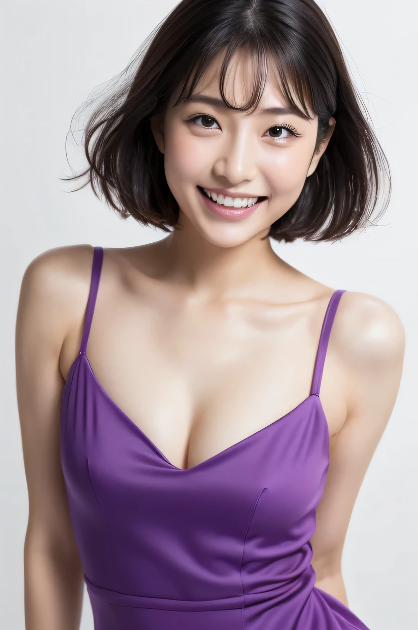 The beauty of 8K raw photos:2.0, Japanese woman, short hair, 18 years old, great face and dark eyes, looking down, looking at the viewer:1.5, big smile, wet hair, spread the legs wide, tiny top, (purple dress:1.2), shinny skin, realistic:1.9, very detailed, cowboy shot from bottom:1.2, High resolution RAW color photos, professional photos, Taken at the studio, plain wallpaper, girl sexy portrait