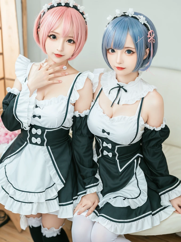 (8K, Photorealistic, Raw photo, of the highest quality: 1.3), (1girl in), Super beautiful, (Realistic face), (boyish, light blue Color Berry Shorthair),(8K, Photorealistic, Raw photo, of the highest quality: 1.3), (1girl in), Super beautiful, (Realistic face), (boyish, pink Color Berry Shorthair), Beautiful , Glare that captivates the viewer, Beautiful expression, Beautiful breasts, (Realistic skin), Be...Create a detailed and colorful image of Ram and Rem from Re:Zero, standing back-to-back in their maid outfits, with a magical fantasy background、ars old, two girls,cute, perfect face, beautiful, nice body, gothic lolita clothes, gothic lolita fashion, frilly skirt, headdress, necklace, bracelet, knee-high socks, boots, double eyelids, tear bags, Detailed down to the fingers, photo-like description, indoors, dim indoor lighting, one girl is pink hair and short bob, another girl is light blue hair and short bob,standing, whole body, composition that shows the whole body, smiling,The Both of them are wearing the same type of maid outfit