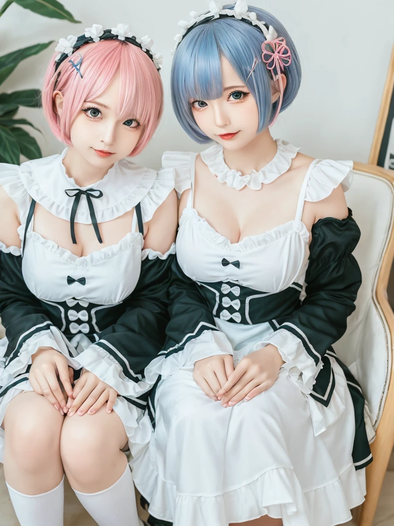 (8K, Photorealistic, Raw photo, of the highest quality: 1.3), (1girl in), Super beautiful, (Realistic face), (boyish, light blue Color Berry Shorthair),(8K, Photorealistic, Raw photo, of the highest quality: 1.3), (1girl in), Super beautiful, (Realistic face), (boyish, pink Color Berry Shorthair), Beautiful , Glare that captivates the viewer, Beautiful expression, Beautiful breasts, (Realistic skin), Be...Create a detailed and colorful image of Ram and Rem from Re:Zero, standing back-to-back in their maid outfits, with a magical fantasy background、ars old, two girls,cute, perfect face, beautiful, nice body, gothic lolita clothes, gothic lolita fashion, frilly skirt, headdress, necklace, bracelet, knee-high socks, boots, double eyelids, tear bags, Detailed down to the fingers, photo-like description, indoors, dim indoor lighting, one girl is pink hair and short bob, another girl is light blue hair and short bob,standing, whole body, composition that shows the whole body, smiling,The Both of them are wearing the same type of maid outfit