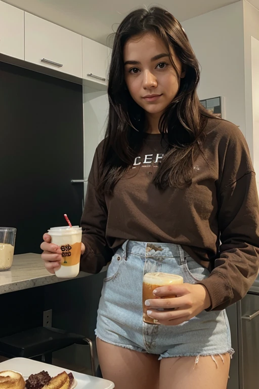 girl brings breakfast to man
