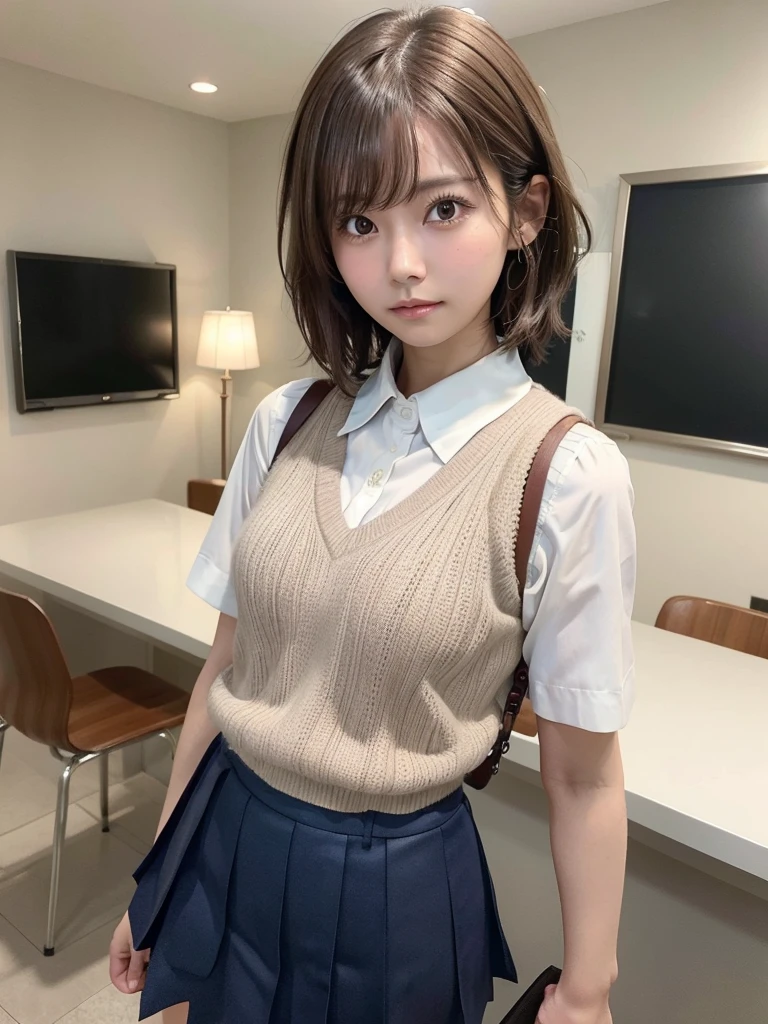 Masterpiece, Top Quality, Top Mikoto, brown eyes, short hair, small breasts, looking at viewer, alone, closed mouth, collared shirt, beige knit vest, dark blue  Skirt, school_uniform, shirt, white_shirt, classroom,Masterpiece, highest quality, 8K, detailed skin texture, fine cloth texture, beautiful detailed face, intricate details, super detailed,cute,cute posing,composition that shows the whole body,