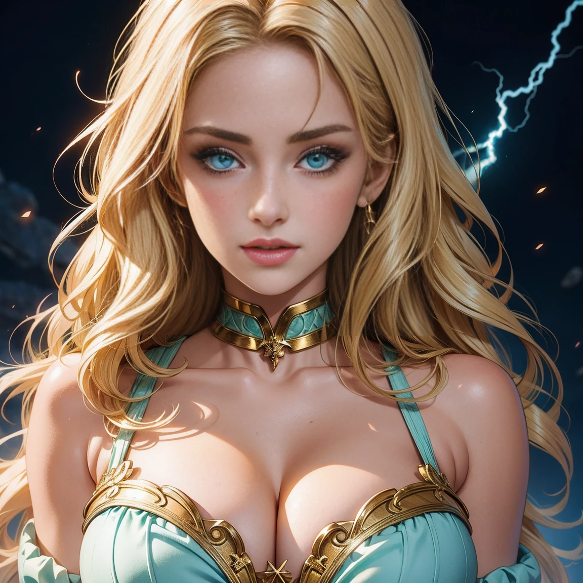 Super detailed and Beautiful woman, blonde hair, super detailed lightning cyan eyes, CG graphics, perfect skin details, natural perfect breast, cleavage, highly detailed, Old London, hazy background, vintage, dark fantasy