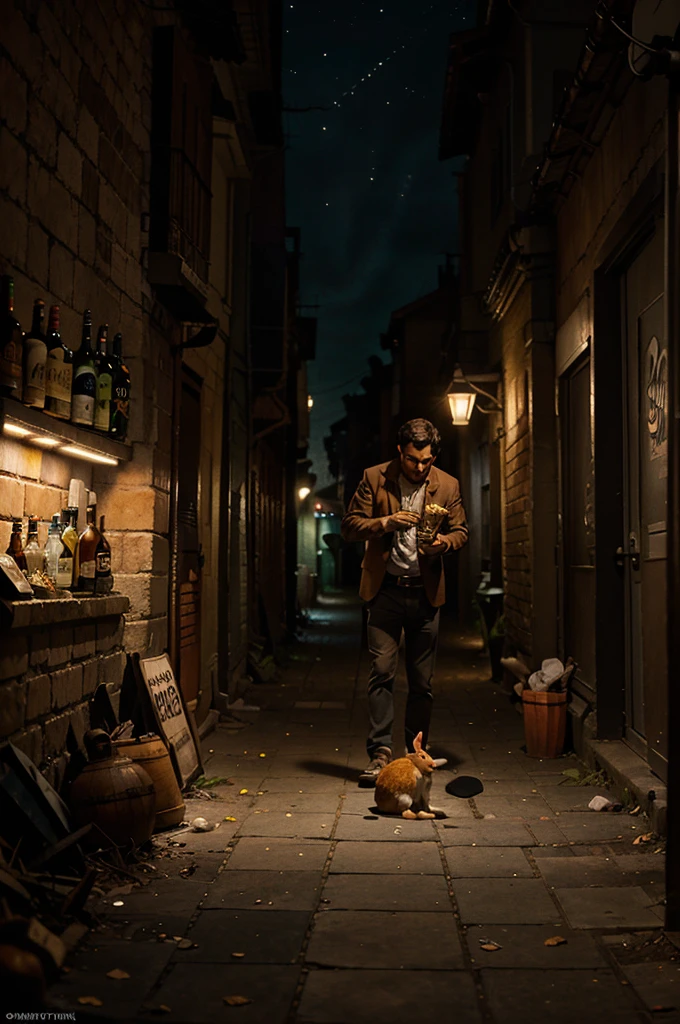 Pixar poster showing a man vomiting rabbits at night in a dark alley with a bottle of tequila next to him 