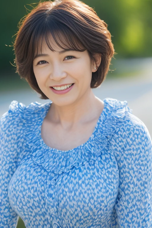 (highest quality,4K,超A high resolution:1.2),(Japanese women, Beautiful Mature Woman, short hair,),(smile),(50-year-old woman)), Fine lines, Detailed skin texture),(Huge breasts:1.4),(Blue ruffled blouse),