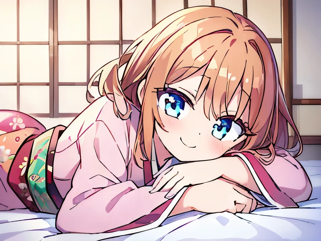 ((masterpiece)), ((best quality)), (ultra-detailed), anime style, on the bed, a cute girl, 1girl, solo, kimono, japanese cloth, ((beautiful eyes)), smile,