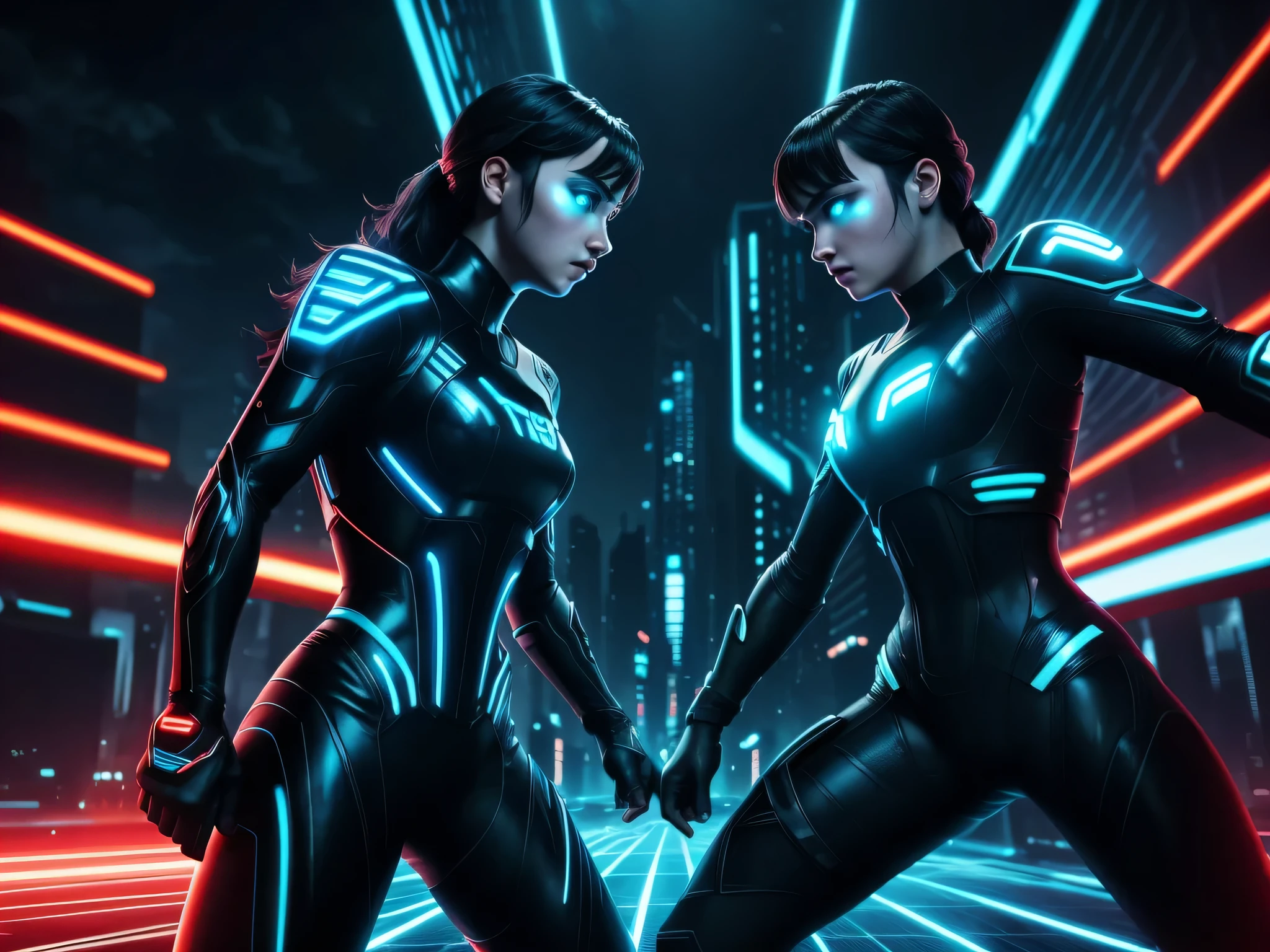  Tron legacy girls,  girl vs girl, grid battle, power pose, blue vs orange, neon lights , dark lighting, dystopian setting, photorealistic, ultra high quality, depth of field, ((tron fighting grid)) areal view, sfw