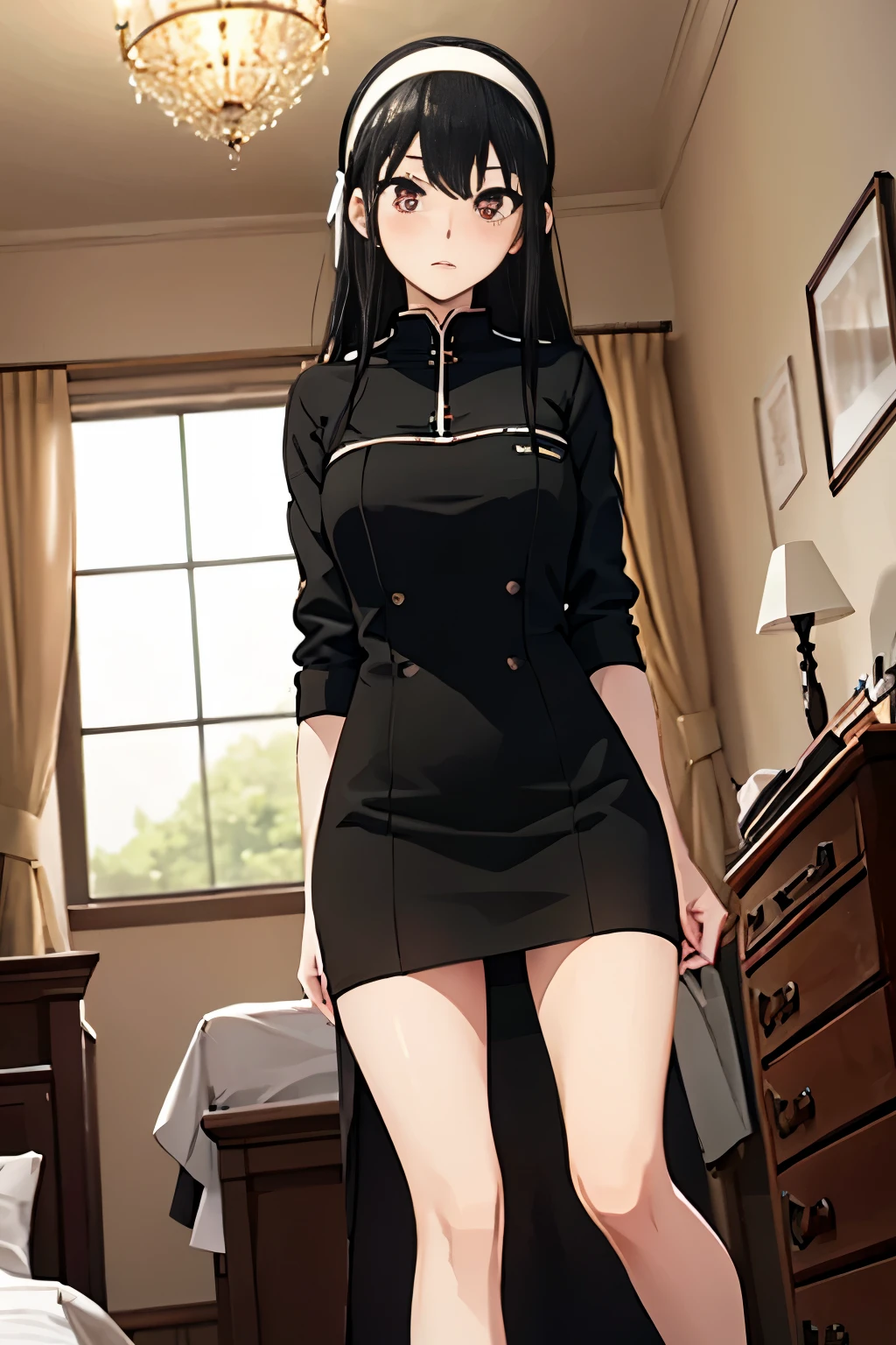 masterpiece、highest quality、High resolution、1 girl、Her Room、(alone)、(Beautiful long black hair)、Bright red eyes、blush、slender、Thin legs、Thin thighs、yor_briar_spyxfamily、White hair band、Jet Black Hair、Black Dress