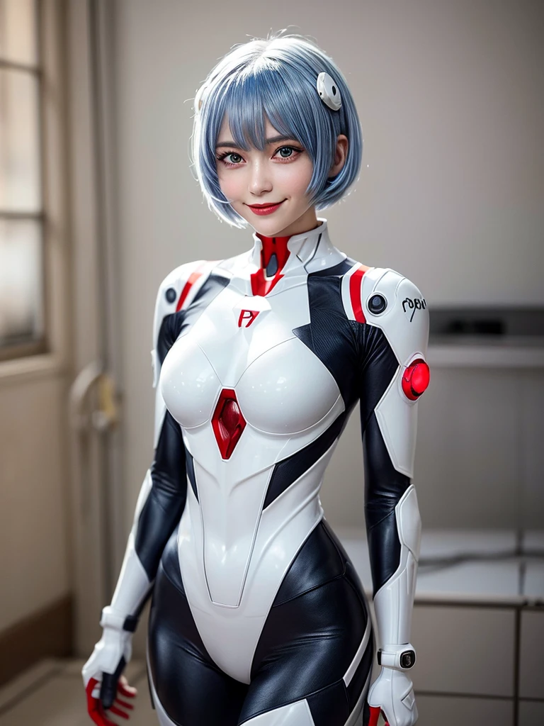 Masterpiece, highest quality, 8K, detailed skin texture, fine cloth texture, beautiful detailed face, intricate details, super detailed, portrait of Rei Ayanami, blue hair, red eyes, looking far away, no background, Evangelion Wearing a plug suit when riding, plug suit, whole body visible, standing, arms crossed, , beautiful, cute, great style, smiling,composition that shows the whole body,