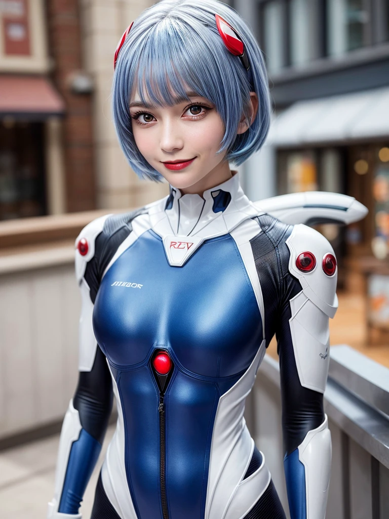 Masterpiece, highest quality, 8K, detailed skin texture, fine cloth texture, beautiful detailed face, intricate details, super detailed, portrait of Rei Ayanami, blue hair, red eyes, looking far away, no background, Evangelion Wearing a plug suit when riding, plug suit, whole body visible, standing, arms crossed, 15 years old, beautiful, cute, great style, smiling,composition that shows the whole body,