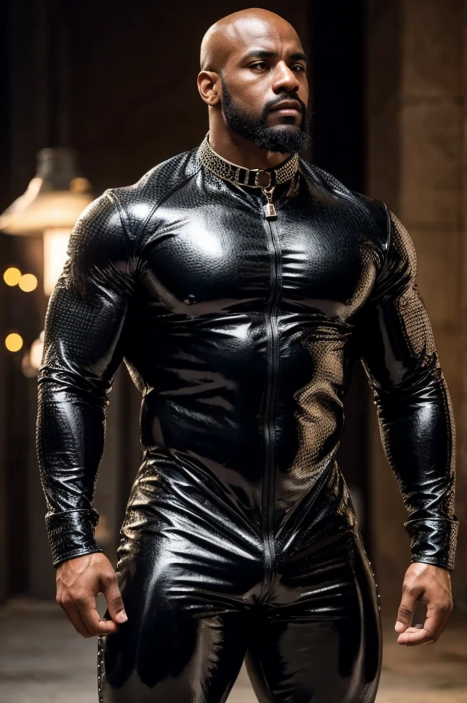 guapo culturista negro, barba de cabra, cabeza calva, huge muscles, detalles intrincados, antecedentes detallados, profundidad de campo, muscular, foto de un hombre negro guapo, l4tex4rmor, vistiendo un catsuit de cuero negro brillante con tachuelas, cuero brillante, collar de perro con tachuelas,