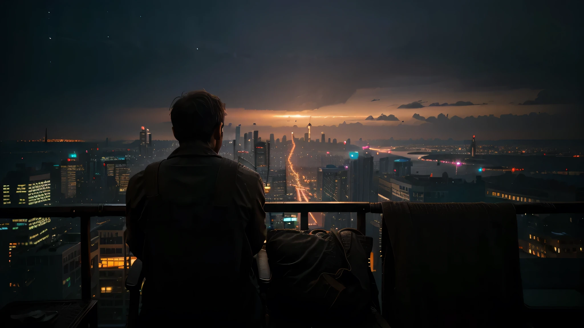 A lone man sits on a worn wicker chair with his back turned, his elbows resting on the porch's rusty iron railing. He gazes at the cityscape before him, a dystopian vision of skyscrapers piercing the night sky with their neon lights.
