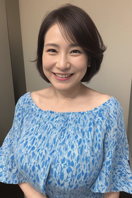 (highest quality,4K,超A high resolution:1.2),(Full body View、Japanese women, Beautiful Mature Woman, Cute Mature Woman、short hair,),(smile),(50-year-old woman)), Fine lines, Detailed skin texture),(Huge breasts:1.4),Blue fitted dress,