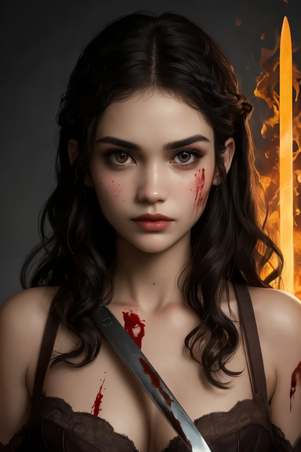 ((best quality)), ((masterpiece)), (detailed), a closeup of a woman face with grimes and blood, brown eyes, black curly hair, Brown dark skin tone, looking at camera fiercely, A glowing hot iron sword right in the middle of her face, skin darker tone, blown jett black curly hair