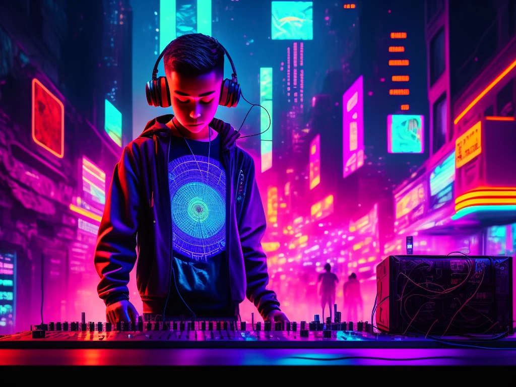 Amidst the neon-lit dystopian cityscape, a Cyberpunk DJ boy is center stage, bathed in the pulsating glow of colorful Pulneon lights. Wires and circuitry weave through his pierced skin, synced to the rhythm of the music he creates. Headphones cover his ears, amplifying the beats that resonate in his chest. His intense gaze fixates on the crowd, his eyes reflecting the kaleidoscopic hues of the city's dreams and nightmares. This dynamic scene, captured in crisp 8k ultra-detailed resolution, bestows a striking sense of realism and immersion into the surreal world of