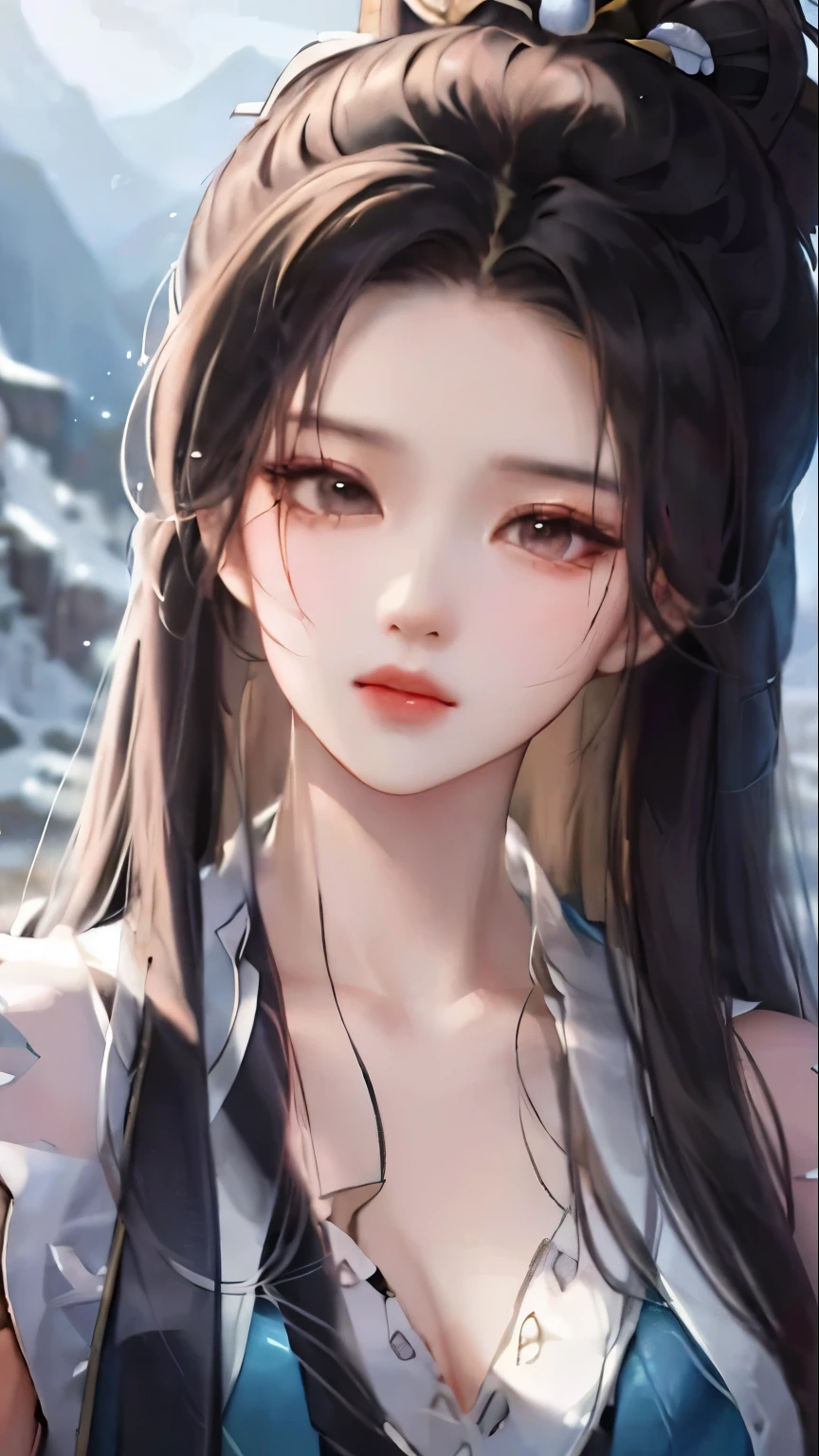 hero'Wei Zi's ancient masterpiece,Close-up of brunette woman,Red Dress,ancient rhyme,Beautiful epic character art,Presenting stunning aesthetics and antique atmosphere,The delicate brushstrokes and depth of field immerse you in the scene,Fan Qiwu's world-class mountain and river scenery,Liu Yifei,