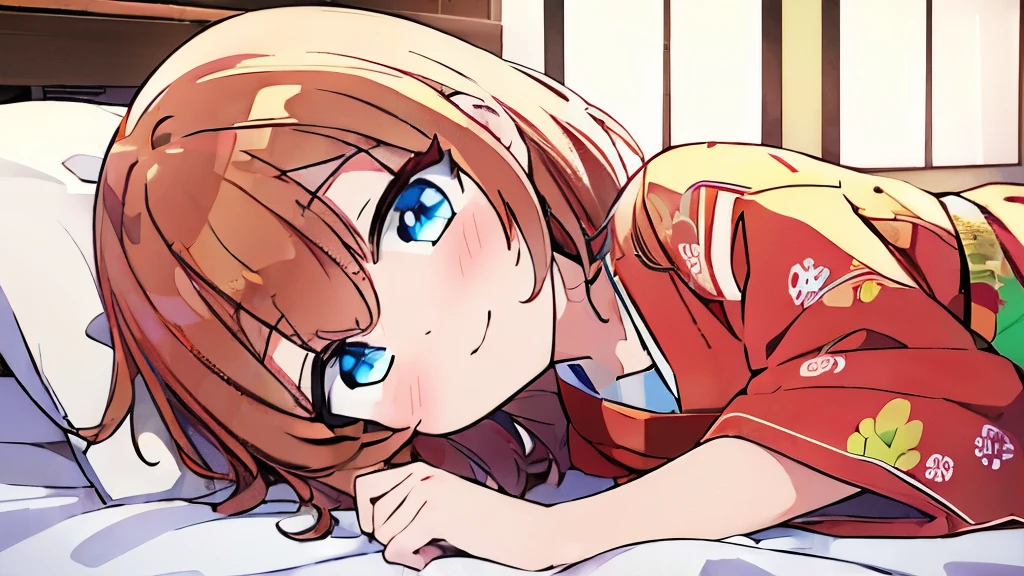 ((masterpiece)), ((best quality)), (ultra-detailed), anime style, on the bed, a cute girl, 1girl, solo, kimono, japanese cloth, ((beautiful eyes)), smile,