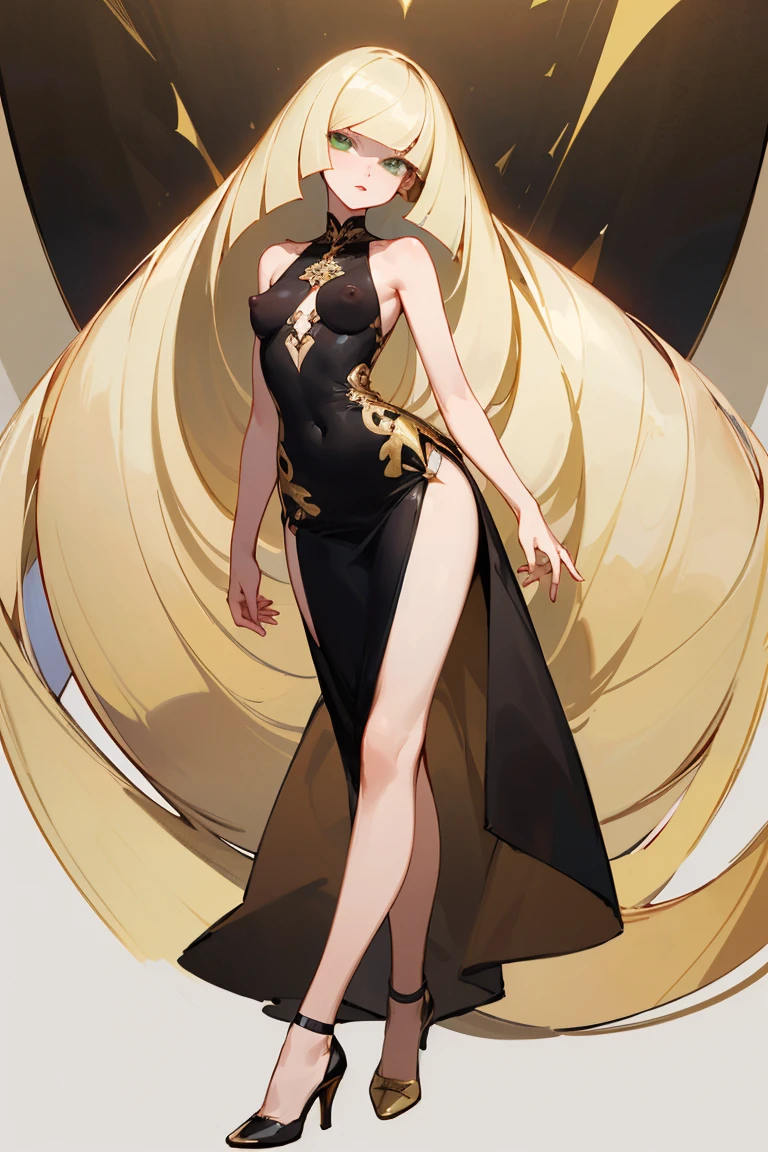 ((highest quality)), ((masterpiece)), (Familiar), Lusamine,thin,thin,Long blonde hair,Small breasts,Erect nipples,Adult female,Green Eyes,Slanted Eyes,Sleeveless dress,Black Dress,Gold embroidery,Long skirt,High heels,Fascinating
