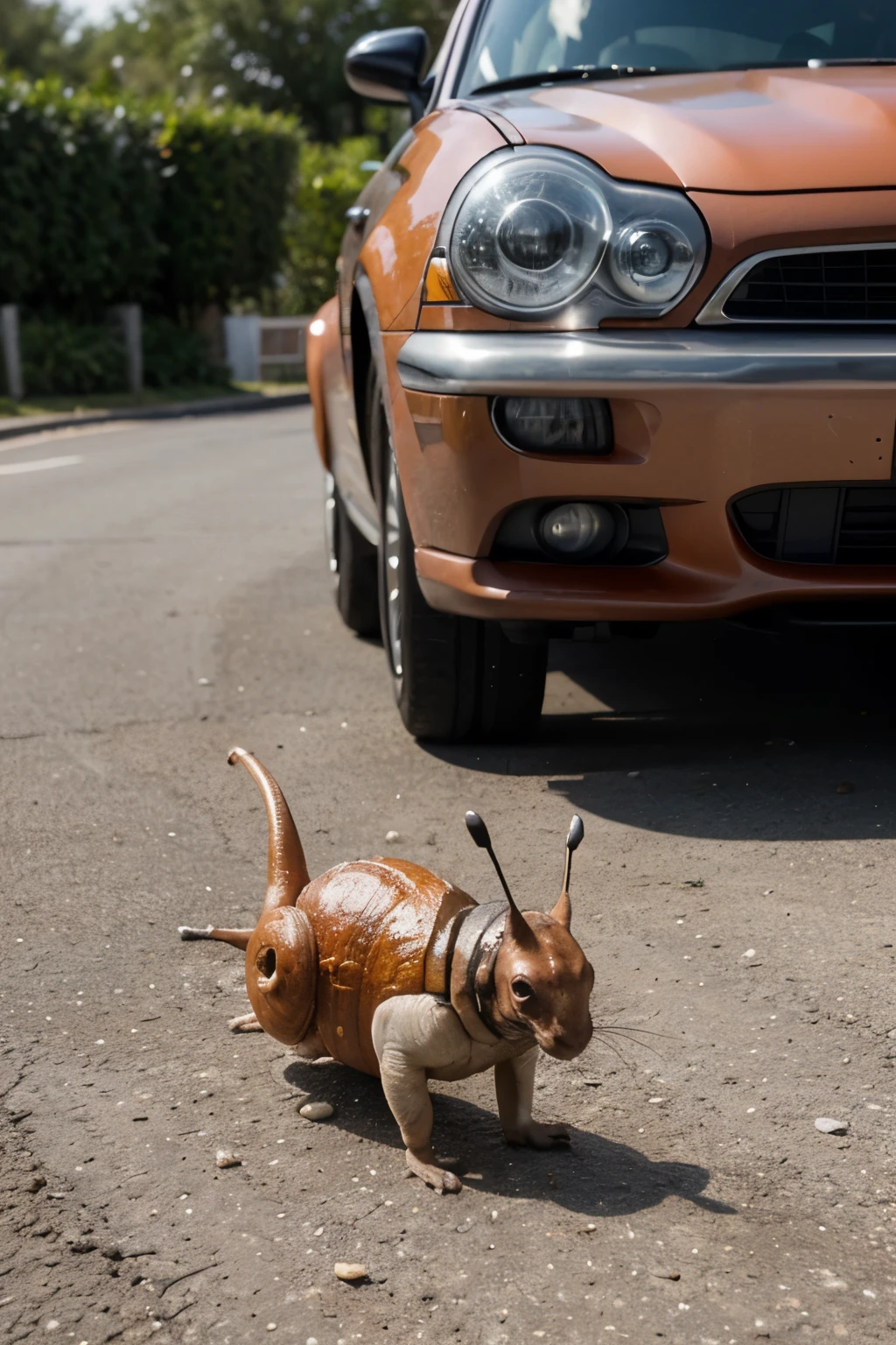 ((best quality)), ((masterpiece)), (detailed), Draw a snail walking and watching cars