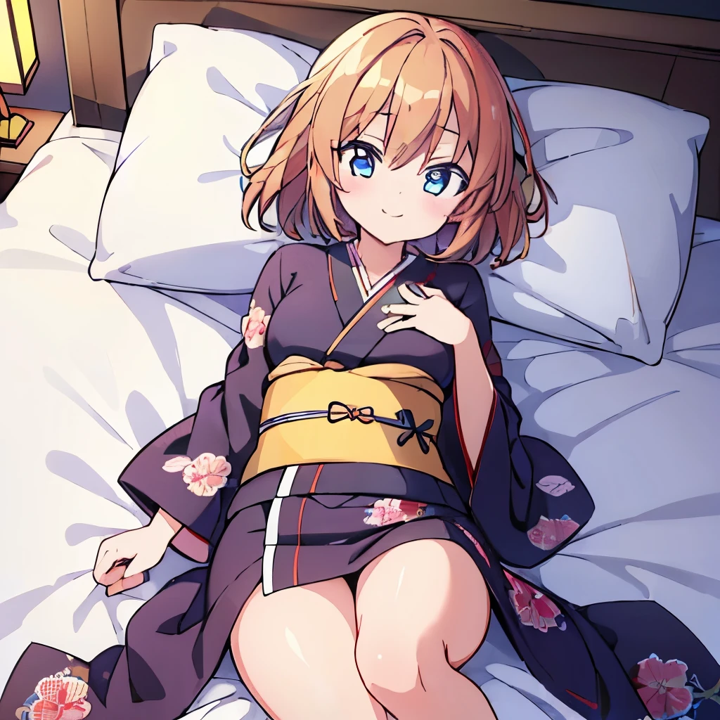 ((masterpiece)), ((best quality)), (ultra-detailed), anime style, on the bed, a cute girl, 1girl, solo, kimono, japanese cloth, ((beautiful eyes)), smile,