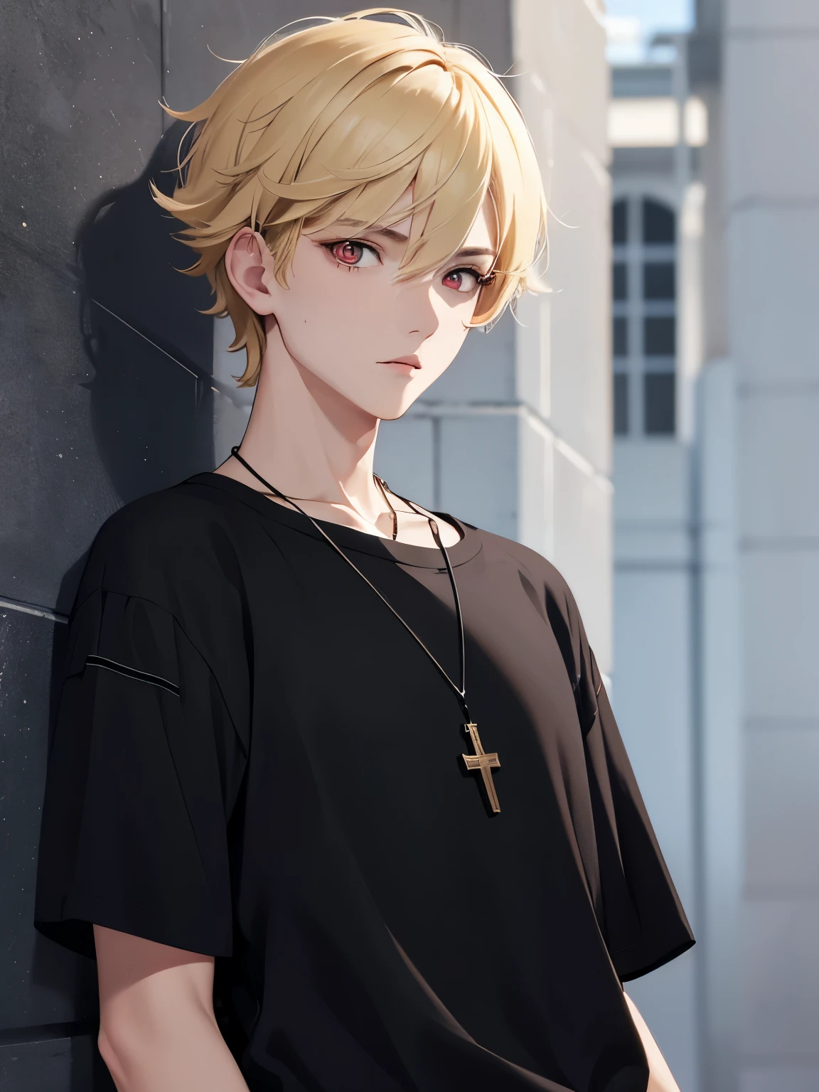 1boy,handsome,15 years old,Walk,,half body photo,Perfect face, HD face, ultra detailed face, short hair, blonde hair, messy hair, bright red eyes, vampire, black t-shirt, black trousers, cross necklace,ultra detailed, ultra HD