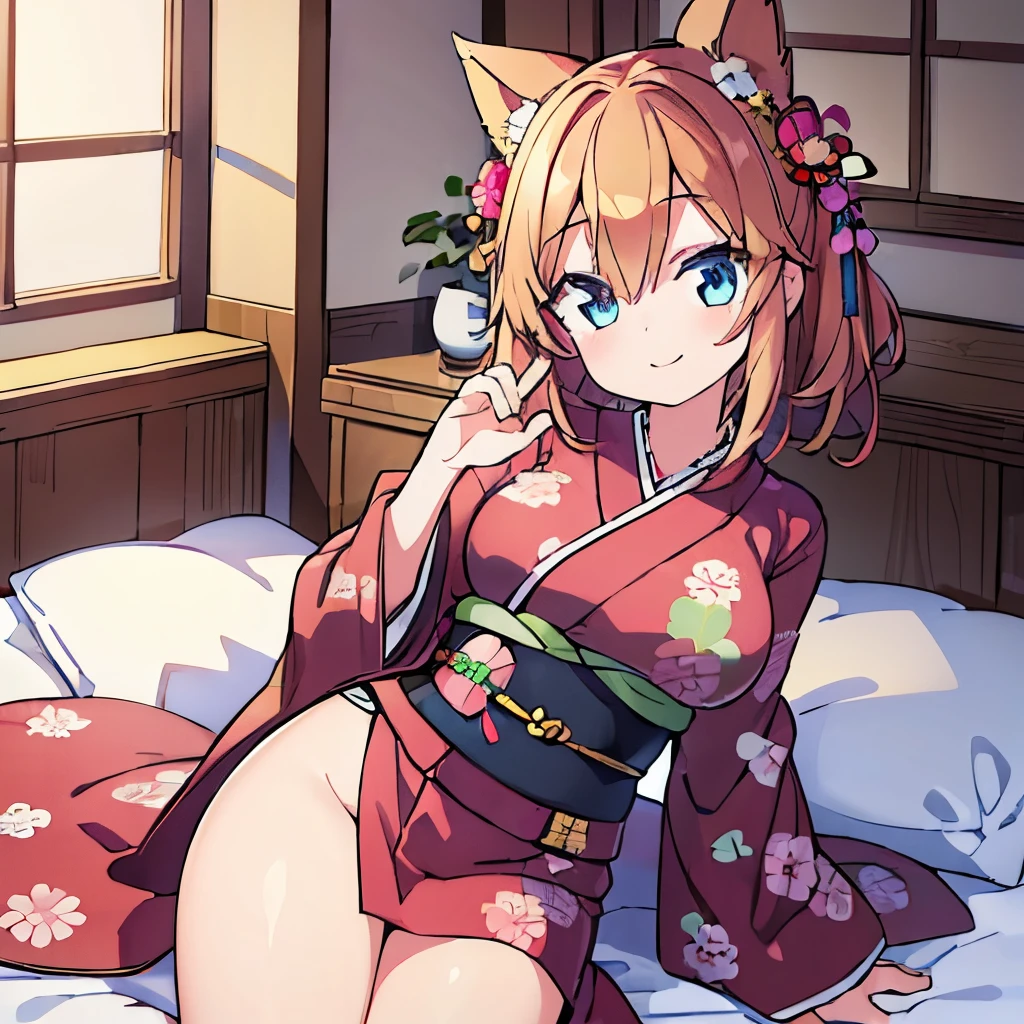 ((masterpiece)), ((best quality)), (ultra-detailed), anime style, on the bed, a cute girl, 1girl, solo, kimono, japanese cloth, ((beautiful eyes)), smile,