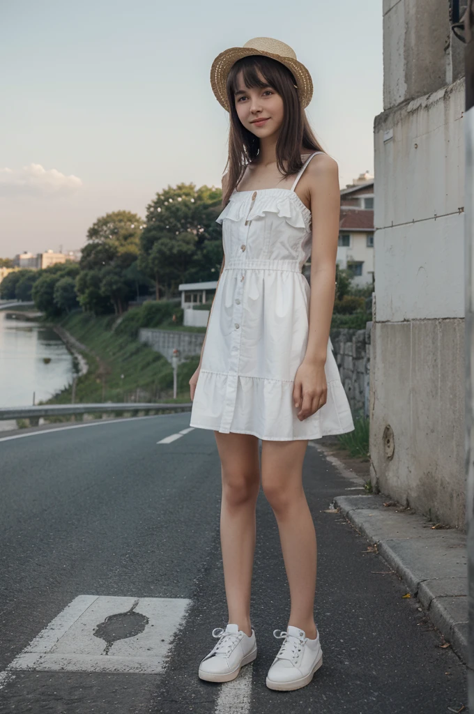 A cute girl, perfect face, bueatifull 14 years old girl,14 years old girl, skinny body, slim body, white skin, masterpiece, textured skin, super detail, high details, high quality, 8k, nice pose, road night background, side lighting to face, dress, wearing a big hat, wearing a sun glasses, cute lips, little smile, at night, wearing a white shoes, bangs hair style, wearing a style dress , little smile .