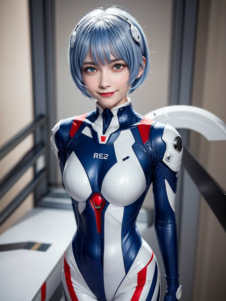 Masterpiece, highest quality, 8K, detailed skin texture, fine cloth texture, beautiful detailed face, intricate details, super detailed, portrait of Rei Ayanami, blue hair, red eyes, looking far away, no background, Evangelion Wearing a plug suit when riding, plug suit, whole body visible, standing, arms crossed, 15 years old, beautiful, cute, great style, smiling,composition that shows the whole body,