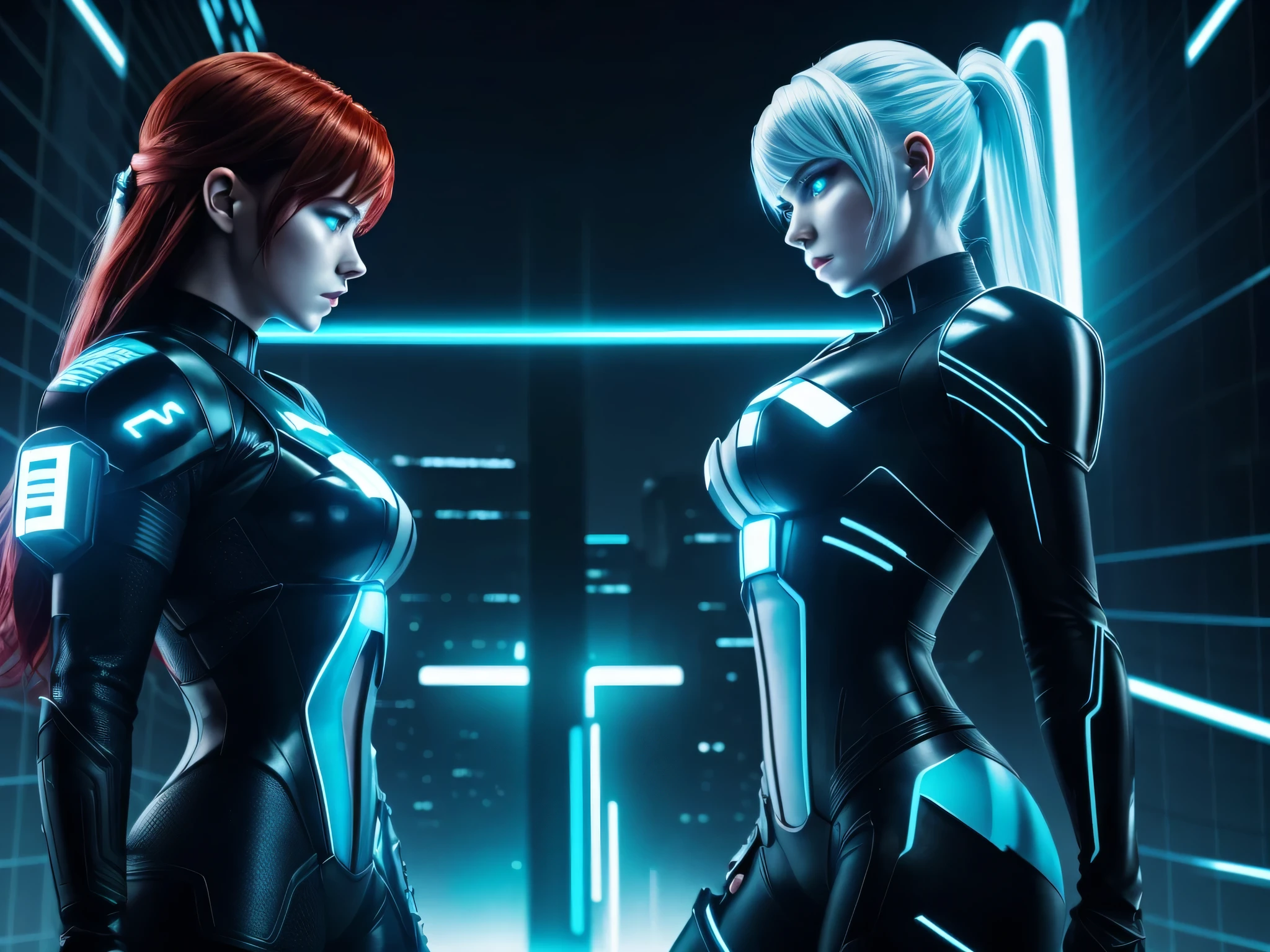  Tron legacy girls, red haired girl vs white haired girl, grid battle, power pose, blue and white neon lights , dark lighting, dystopian setting, photorealistic, ultra high quality, depth of field, areal view, (tron battle grid), sfw