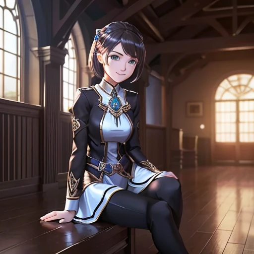 Edith, a 16-year-old girl from Mobile Legends, is depicted in this stunning image. With solo mode activated (1.5), she is shown in best quality and ultra high resolution, ultra detailed with expressive features and captivating eyes (1.4). Her outfits consist of black, white, and green yoga pants, complementing her long legs (1.2) and narrow waist. The lighting is set to a soft cinematic light and HDR, creating a perfect balance between reality and fantasy. Edith is leaning forward, gazing at the viewer with a cute, charming smile. Despite being a character from a mobile game, this illustration is photorealistic (