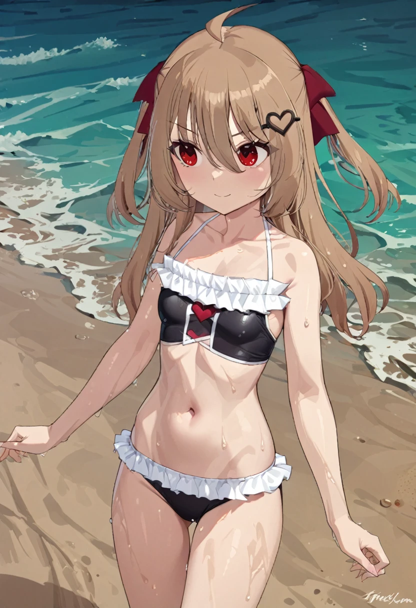 1girl, evil neuro-sama, red eyes, light brown hair, ahoge, two side up, hair ribbon, dark red ribbon, heart hair ornament, (masterpiece, best quality), highly detailed, finely detailed, swimsuit, beach, cowboy shot, navel, ocean, outdoors, smile, wet, water, sand,