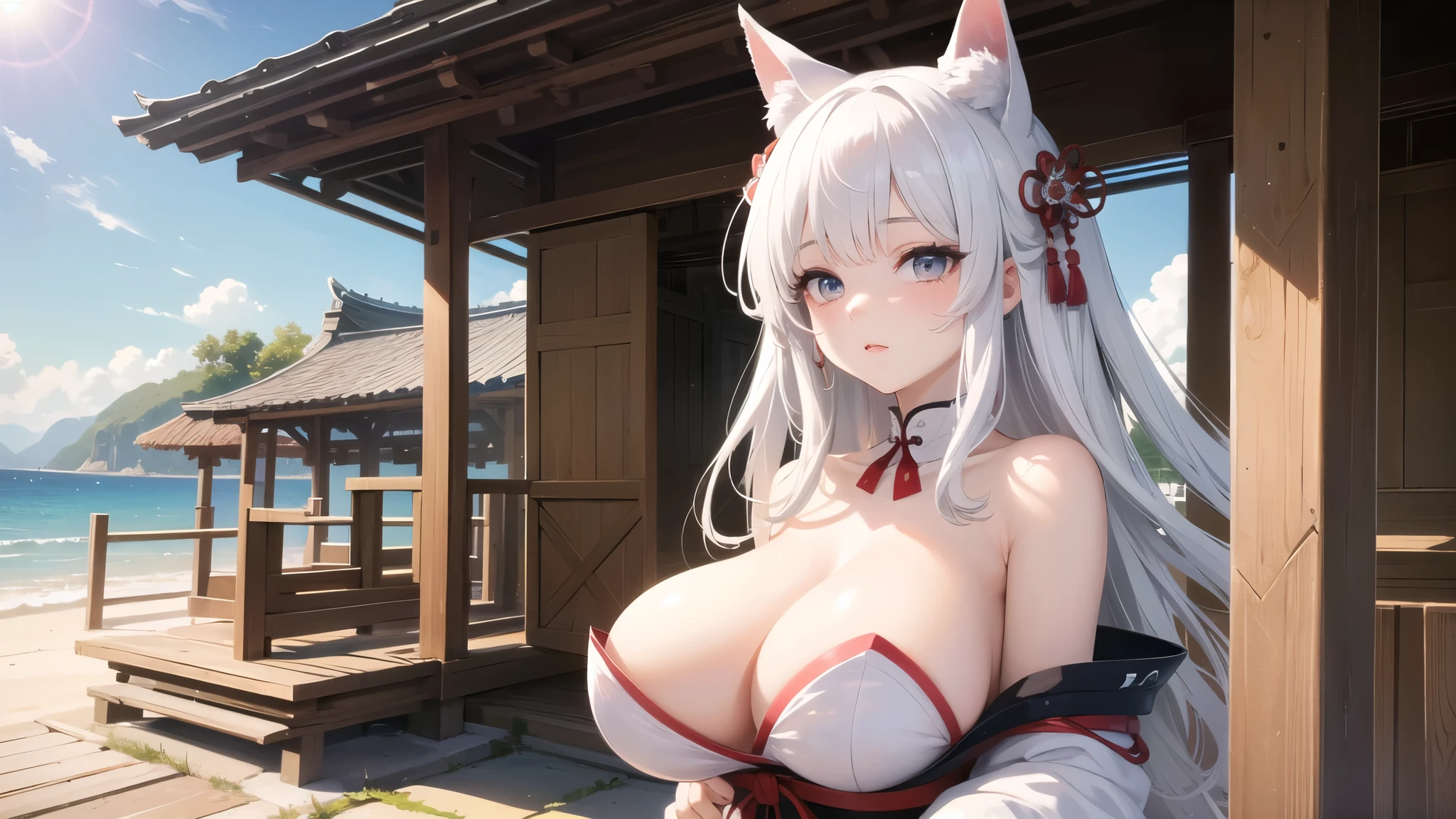 (((masterpiece, best quality))), (((superior quality))), cute girl, ((extremely detailed girl)), ((huge breasts)), fox ear, shrine maiden, (bare shoulders), strapless top