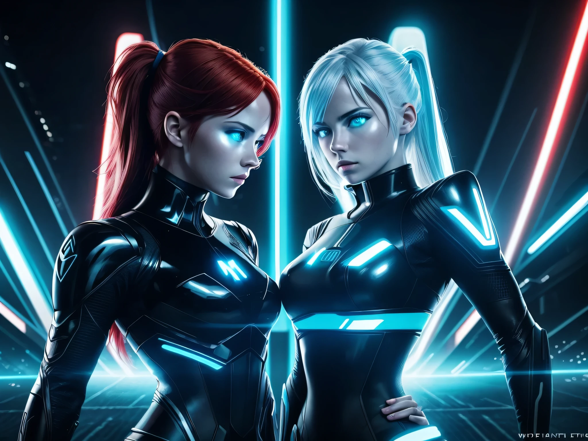  Tron legacy girls, red haired girl vs white haired girl, grid battle, power pose, blue and white neon lights , dark lighting, dystopian setting, photorealistic, ultra high quality, depth of field, areal view, (tron battle grid), sfw