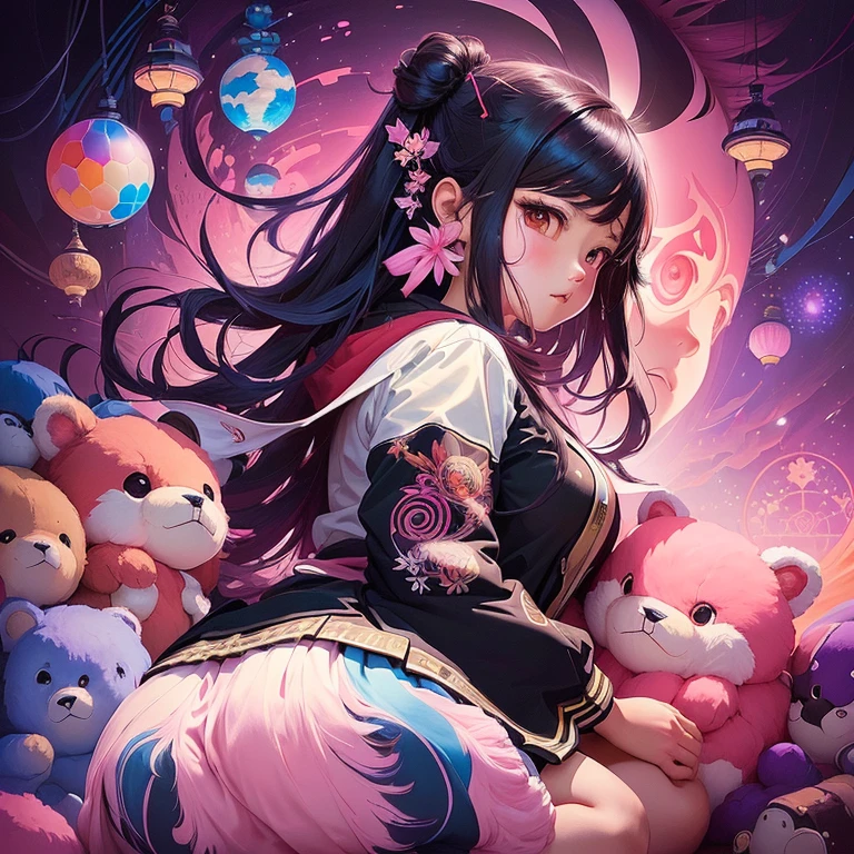 Painting of a girl holding a globe in front of a pile of stuffed animals, Artwork in the style of Guweiz, Japanese pop surrealism, Soft anime illustration, Japanese pop surrealism, beeple 和 jeremiah ketner, Fantasy psychedelic anime, guweiz, The digital art of Danganronpa, A beautiful artistic illustration, Inspired by Shimoda Hikaru