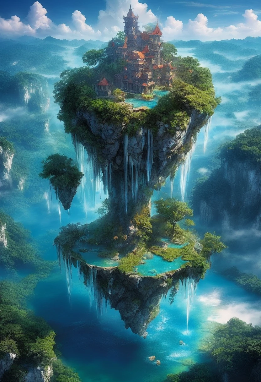 floating, floatingisland, landscapes, floating island, ethereal skies, lush vegetation, crystal-clear water, magical creatures, vibrant colors, surreal beauty, dreamlike atmosphere, soft sunlight, wisps of clouds, hidden caves, cascading waterfalls, ancient ruins, mystical aura, fantastical flora and fauna, tranquil serenity, enchanting landscapes, otherworldly charm