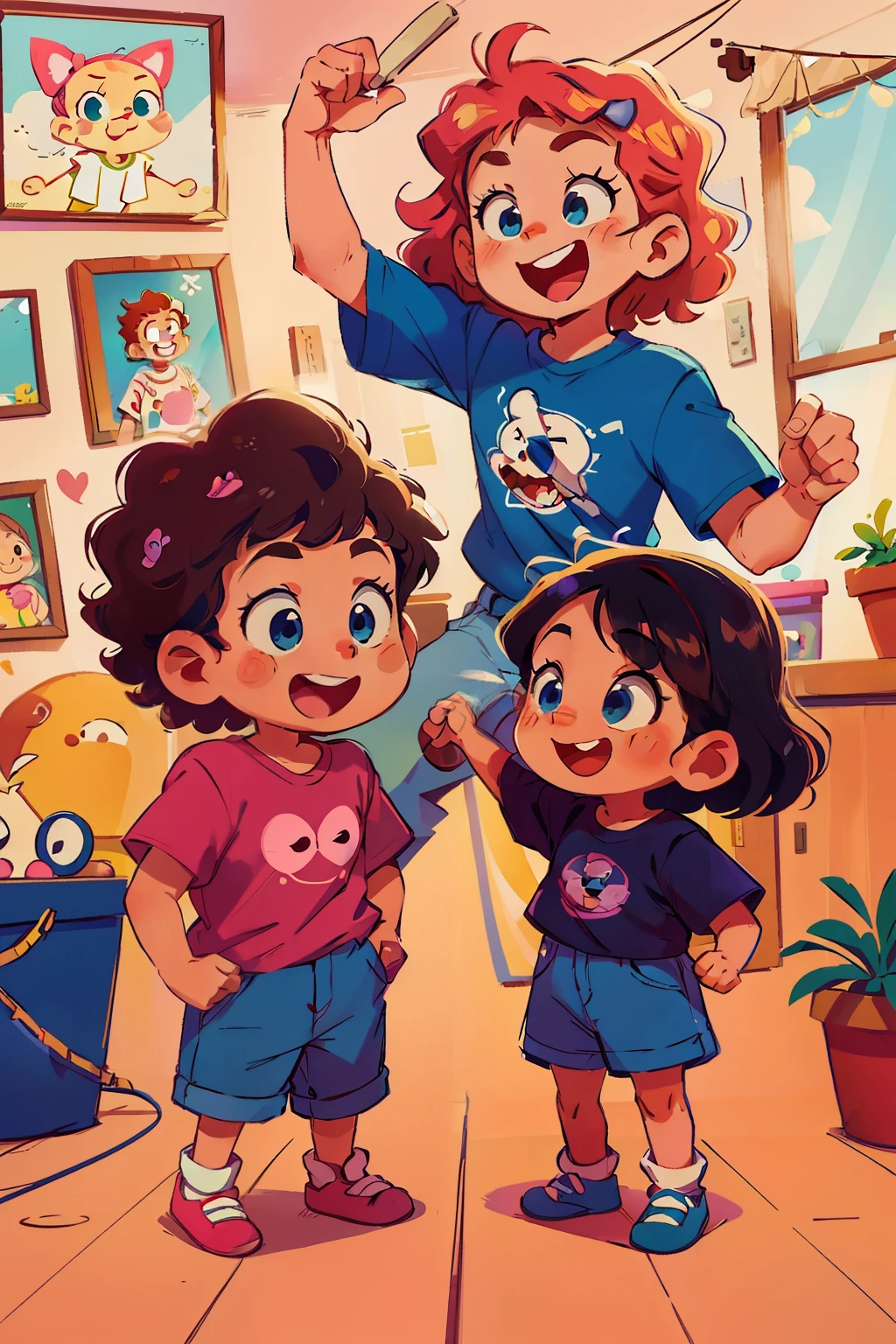 Cute cartoon characters, duas personagens, peitos redondos, peitos macios, Character one, curly hair, rosa skin, big grin, jeans and t-shirt, playful eyes, lively expression, Character two, porcouzinho snout, blue eyes, pink dress, bow on head, cheerful expression, Poses variadas, partially visible feet, cena de quarto, picles detalhados, cena limpa, personagens interagindo, HD, Maximum quality.