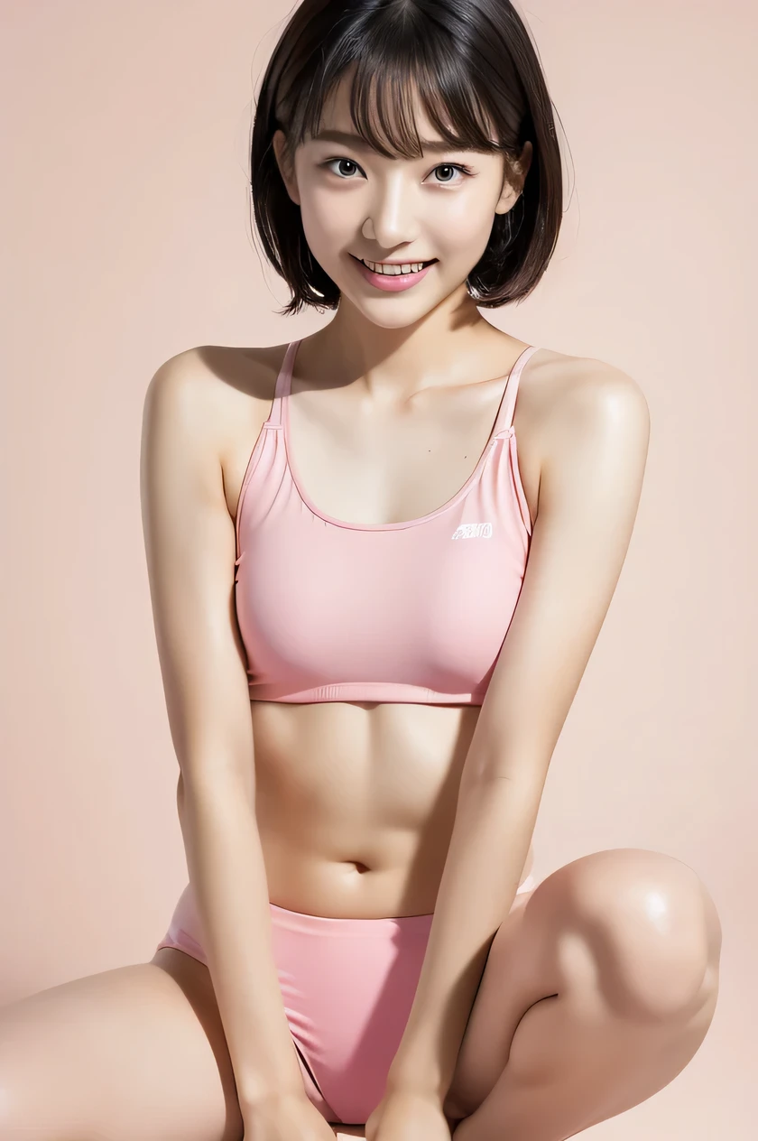 The beauty of 8K raw photos:2.0, Japanese woman, short hair, great face and dark eyes, looking down, looking at the viewer:1.5, big smile, wet hair, spread the legs wide, tiny top, (pink sports wear:1.2), shinny skin, realistic:1.9, very detailed, cowboy shot from bottom:1.2, High resolution RAW color photos, professional photos, Taken at the studio, plain wallpaper, girl sexy portrait