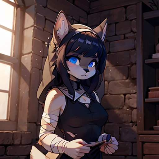 ((Anthro female)) , wearing Torn nun Clothing dress   , Black Shadow  body ,  wearing Bandage , big animal ears, haircut ,Dark blue , BLUE pupils ,