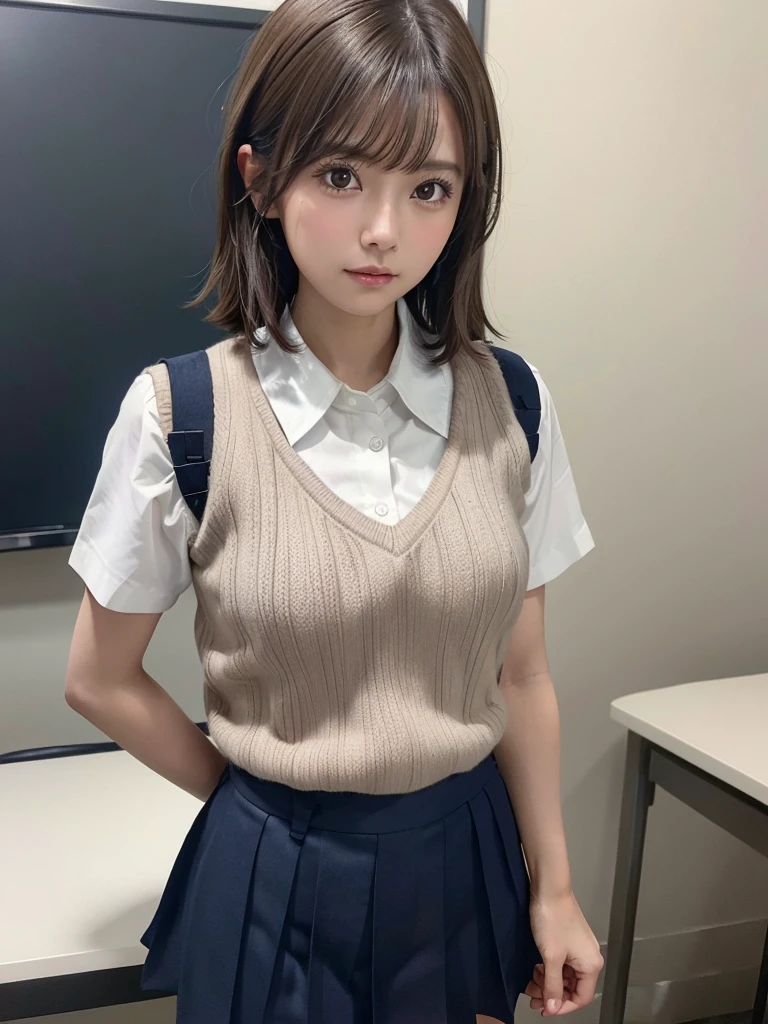 Masterpiece, Top Quality, Top Mikoto, brown eyes, short hair, small breasts, looking at viewer, alone, closed mouth, collared shirt, beige knit vest, dark blue Skirt, school_uniform, shirt, white_shirt, classroom,Masterpiece, highest quality, 8K, detailed skin texture, fine cloth texture, beautiful detailed face, intricate details, super detailed,cute,cute posing,composition that shows the whole body,