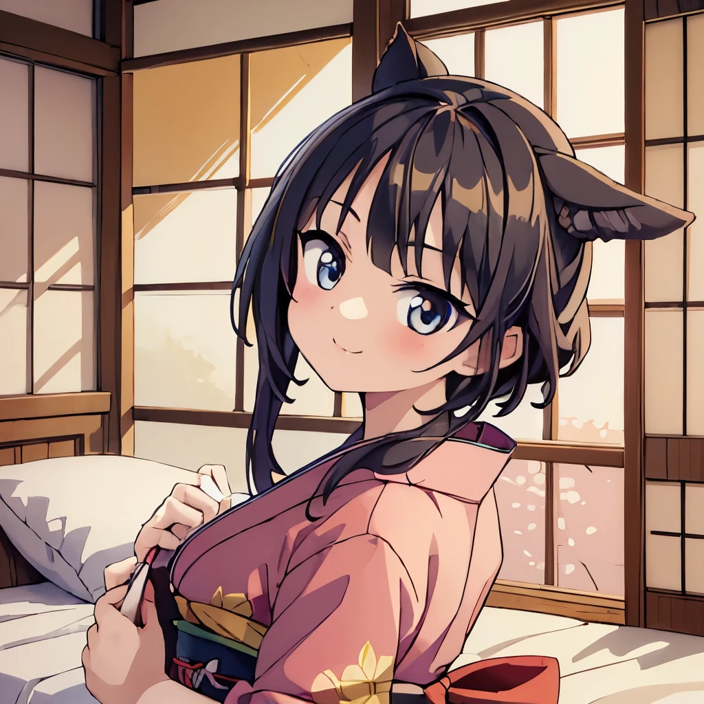 ((masterpiece)), ((best quality)), (ultra-detailed), anime style, on the bed, a cute girl, 1girl, solo, kimono, japanese cloth, ((beautiful eyes)), smile, beautiful black hair