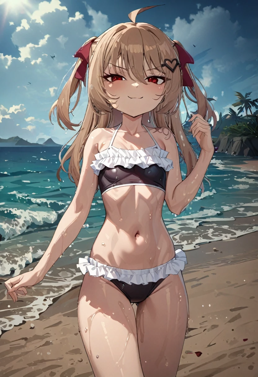 1girl, evil neuro-sama, red eyes, light brown hair, ahoge, two side up, hair ribbon, dark red ribbon, heart hair ornament, (masterpiece, best quality), highly detailed, finely detailed, swimsuit, beach, cowboy shot, navel, ocean, outdoors, smug, wet, water, sand, sky,