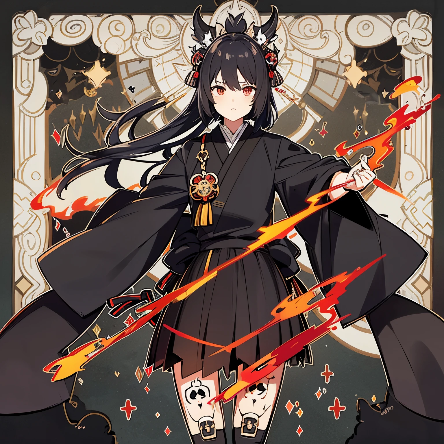 un hombre, holding a black sickle decorated with Japanese symbols meaning death, A black flame coming out of the decoration, de ella salen los filos de la hoz vientos negros con fantasmas de calaveras, la mejor Judy para la cara y la hoz. El hombre lleva ropa adecuada de hoz de acero., el cabello del hombre es negro, Man is the embodiment of shinigami, (the background of the CG 8k module is very detailed) (mejor calidad), (best illustration), (mejores tonos), muy detallado t --v6