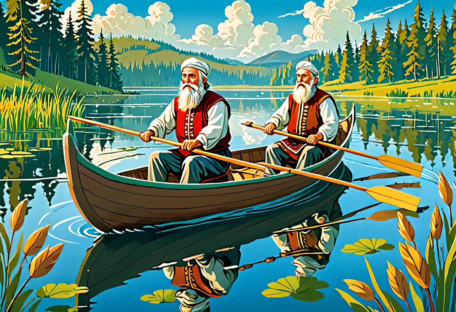 Floating, an image in the style of an illustration for a children's magazine, a boat is floating on the lake, a Slavic bearded man of 70 years old in a boat in simple Russian peasant clothes is rowing with oars, 5 hares are sitting in the boat and looking around, high definition, bright colors, cartoonishness