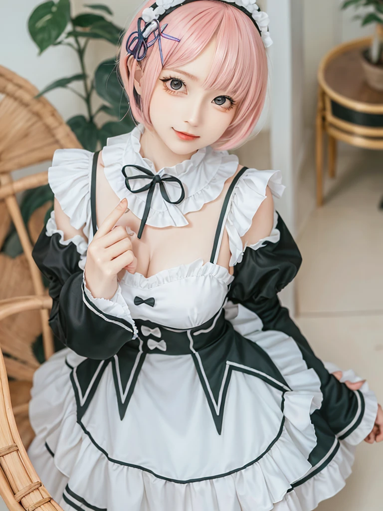 (8K, Photorealistic, Raw photo, of the highest quality: 1.3), (1girl in), Super beautiful, (Realistic face), (boyish, light blue Color Berry Shorthair),(8K, Photorealistic, Raw photo, of the highest quality: 1.3), (1girl in), Super beautiful, (Realistic face), (boyish, pink Color Berry Shorthair), Beautiful , Glare that captivates the viewer, Beautiful expression, Beautiful breasts, (Realistic skin), Be...Create a detailed and colorful image of Ram and Rem from Re:Zero, standing back-to-back in their maid outfits, with a magical fantasy background、14years old, two girls,cute, perfect face, beautiful, nice body, gothic lolita clothes, gothic lolita fashion, frilly skirt, headdress, necklace, bracelet, knee-high socks, boots, double eyelids, tear bags, Detailed down to the fingers, photo-like description, indoors, dim indoor lighting, one girl is pink hair and short bob, another girl is light blue hair and short bob,standing, whole body, composition that shows the whole body, smiling,The Both of them are wearing the same type of maid outfit