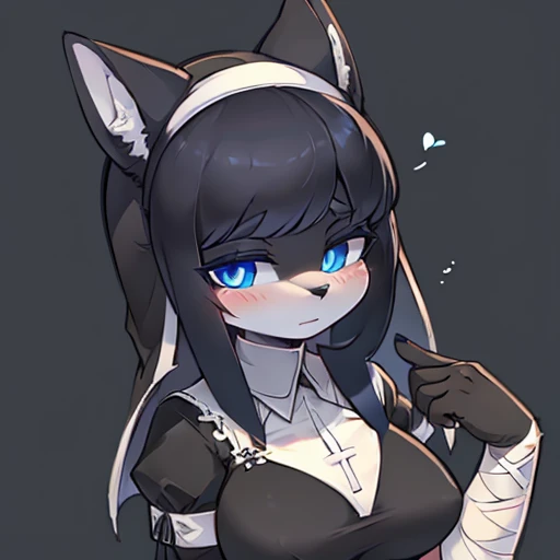 ((Better quality )),((Anthro female)) , wearing nun Clothing dress   , Black Shadow  body ,  wearing Bandage , big animal ears, haircut ,Dark blue , BLUE pupils ,