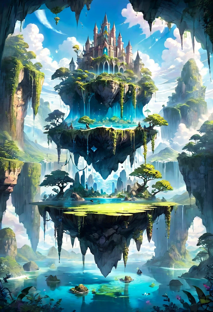 floating, floatingisland, landscapes, floating island, ethereal skies, lush vegetation, crystal-clear water, magical creatures, vibrant colors, surreal beauty, dreamlike atmosphere, soft sunlight, wisps of clouds, hidden caves, cascading waterfalls, ancient ruins, mystical aura, fantastical flora and fauna, tranquil serenity, enchanting landscapes, otherworldly charm