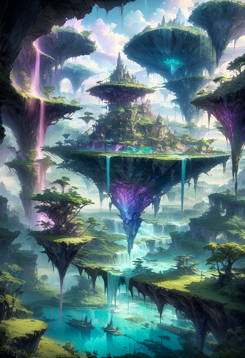 floating, floatingisland, landscapes, floating island, ethereal skies, lush vegetation, crystal-clear water, magical creatures, vibrant colors, surreal beauty, dreamlike atmosphere, soft sunlight, wisps of clouds, hidden caves, cascading waterfalls, ancient ruins, mystical aura, fantastical flora and fauna, tranquil serenity, enchanting landscapes, otherworldly charm