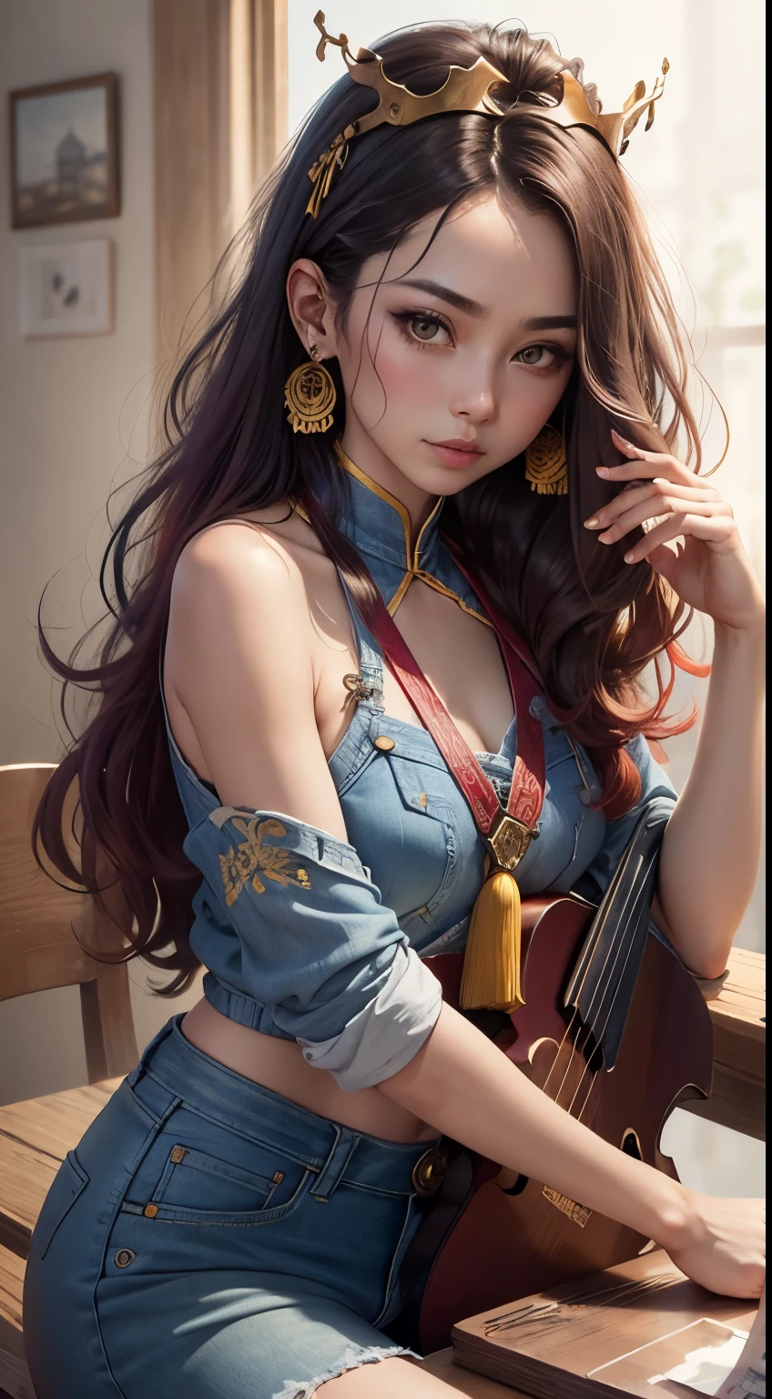 highest quality, Tabletop, Ultra-detailed high resolution, (Realistic: 1.4), Watercolor style, figure, Dazzling background colors,, Skinny Girl with Weapons, (Solo Exhibitions: 1.2), (denim lens: 1.2), (Hair Crown: 1.2), Chinese traditional Dunhuang costume, No straps, (Red eyeliner: 1.2), (: 1.4), Earrings, Dynamic Angle, Opera House, Messy_length_hair, Ink-like, Cinema Lighting, lens_Flare, velvet, chrysanthemum, Tassel, ribbon, Color embroidery,